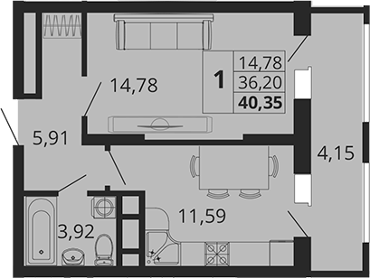 Планировка — Родные Просторы, 1-комн., 36 м²