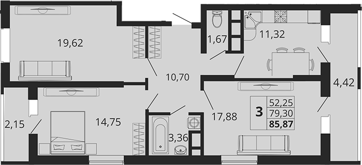 Планировка — Родные Просторы, 3-комн., 79 м²