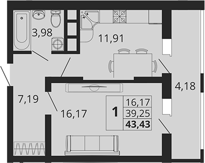 Планировка — Родные Просторы, 1-комн., 39 м²