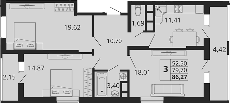 Планировка — Родные Просторы, 3-комн., 80 м²