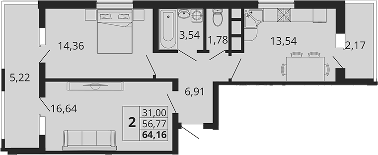 Планировка — Родные Просторы, 2-комн., 57 м²