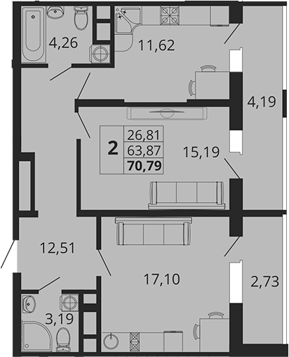 Планировка — Родные Просторы, 2-комн., 64 м²