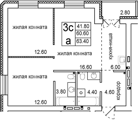 Планировка — Promenade, 3-комн., 61 м²