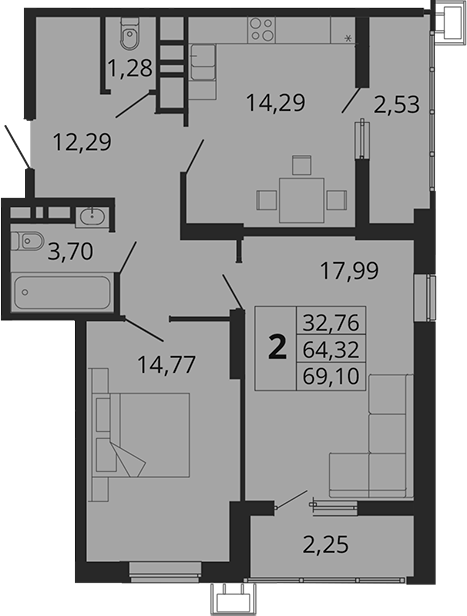 Планировка — Родные Просторы, 2-комн., 64 м²