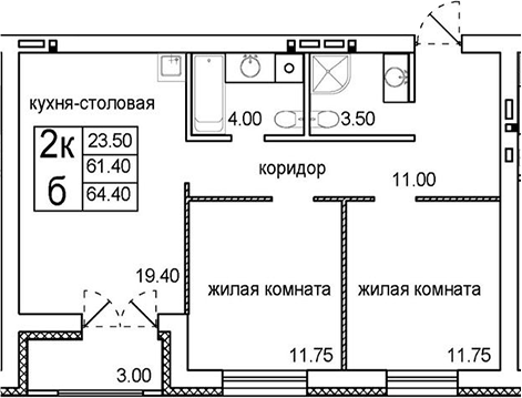 Планировка — Promenade, 2-комн., 61 м²