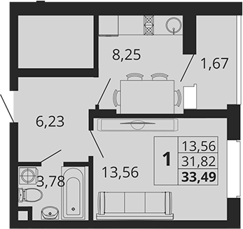 Планировка — Родные Просторы, 1-комн., 32 м²