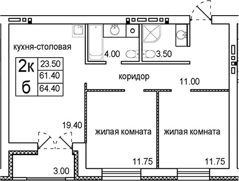 Планировка — Promenade, 2-комн., 61 м²