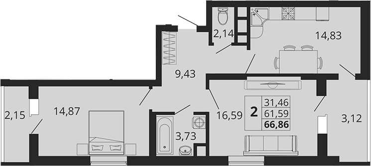 Планировка — Родные Просторы, 2-комн., 62 м²