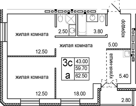 Планировка — Promenade, 3-комн., 60 м²