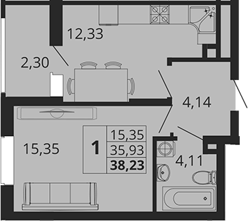 Планировка — Родные Просторы, 1-комн., 36 м²