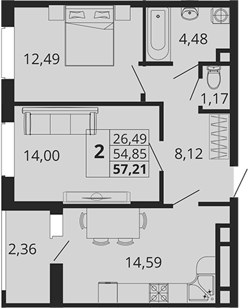 Планировка — Родные Просторы, 2-комн., 55 м²