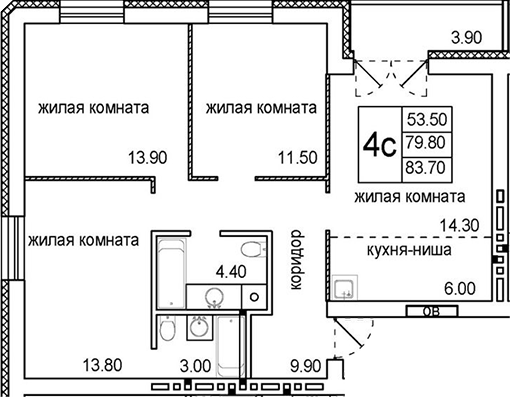 Планировка — Promenade, 4-комн., 77 м²