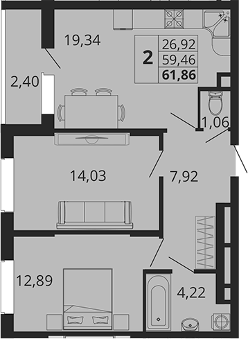 Планировка — Родные Просторы, 2-комн., 59 м²