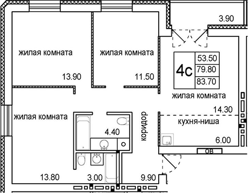 Планировка — Promenade, 4-комн., 77 м²