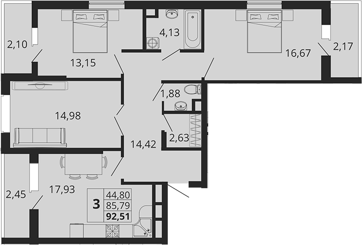 Планировка — Родные Просторы, 3-комн., 86 м²