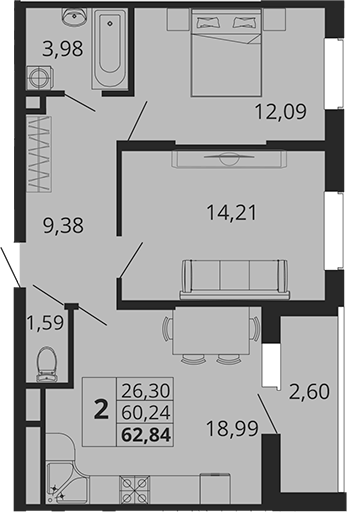 Планировка — Родные Просторы, 2-комн., 60 м²