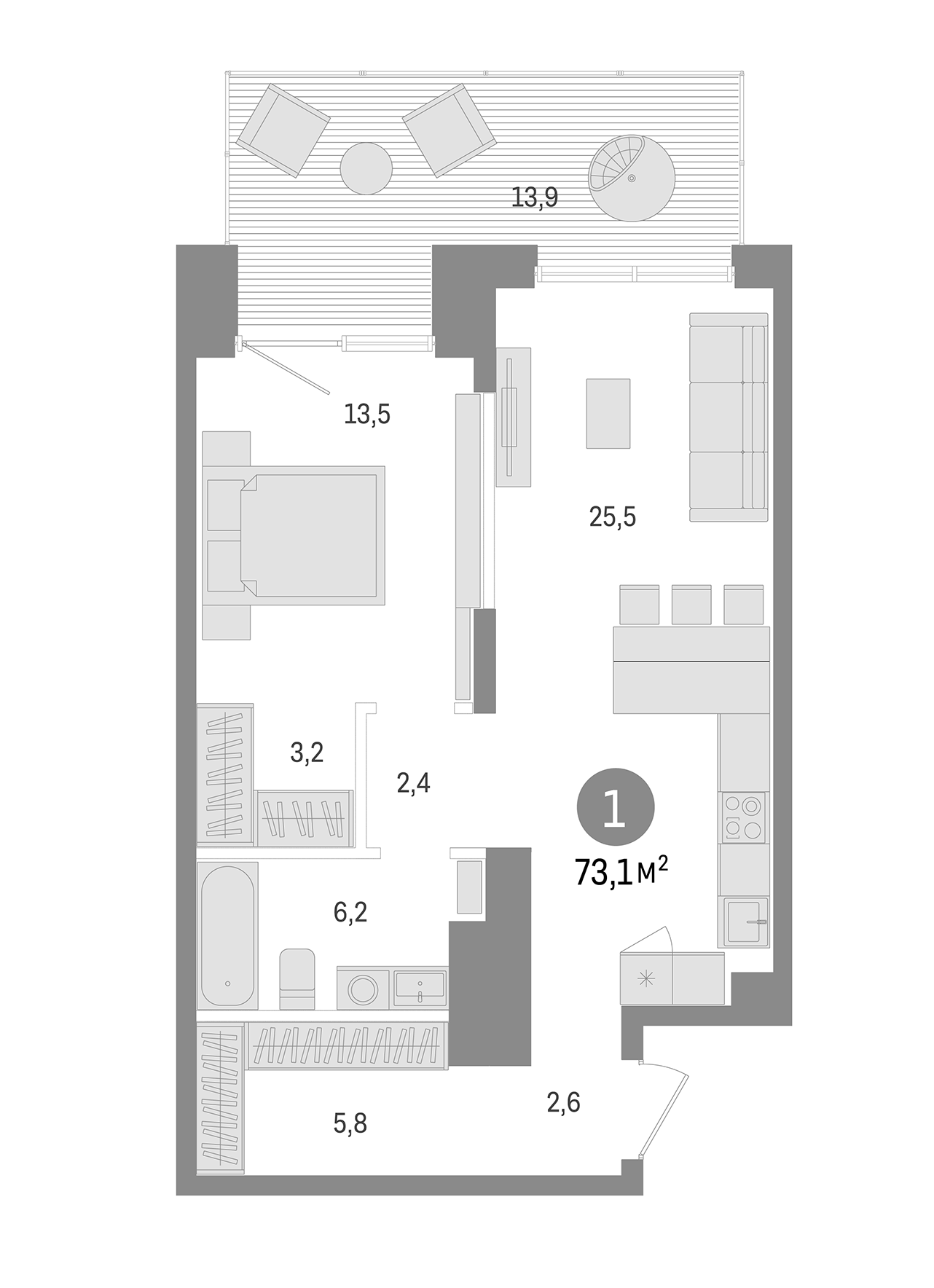 Планировка — Авиатор, 1-комн., 59 м²