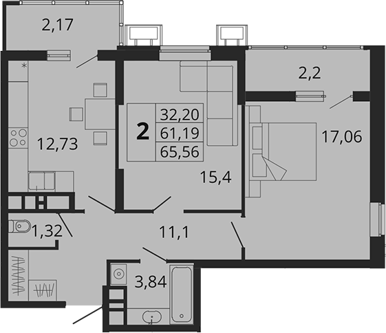 Планировка — Родные Просторы, 2-комн., 61 м²