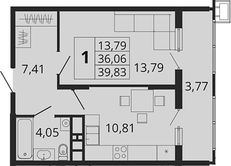 Планировка — Родные Просторы, 1-комн., 36 м²