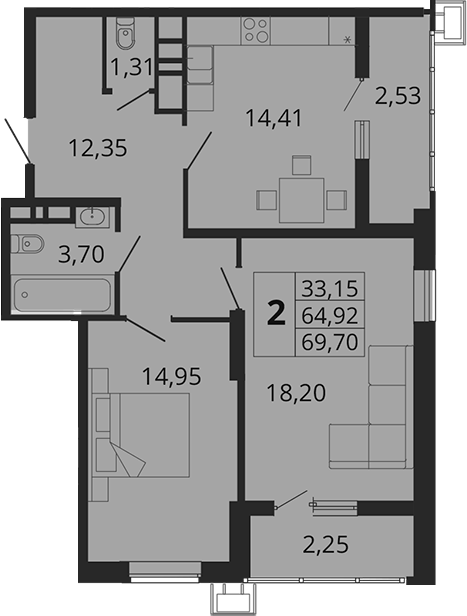 Планировка — Родные Просторы, 2-комн., 65 м²