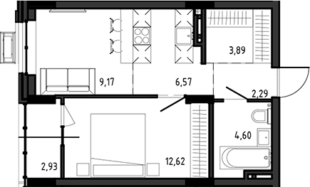 Планировка — Ясный Берег, 2-комн., 39 м²