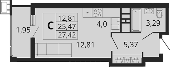 Планировка — Родные Просторы, Студия, 25 м²
