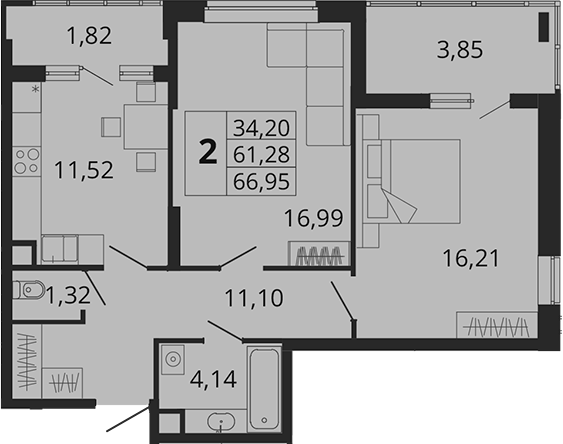Планировка — Родные Просторы, 2-комн., 61 м²