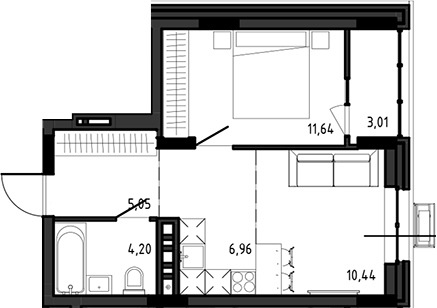 Планировка — Ясный Берег, 2-комн., 38 м²