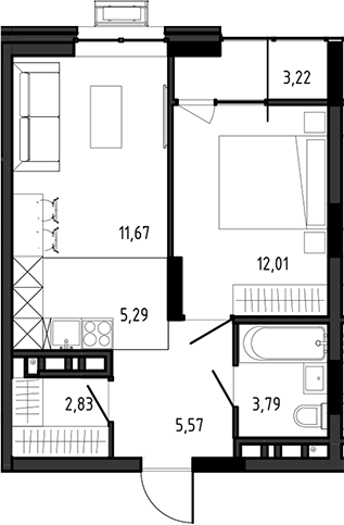 Планировка — Ясный Берег, 2-комн., 41 м²