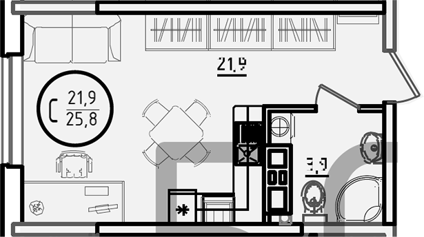 Планировка — Первое место, Студия, 26 м²