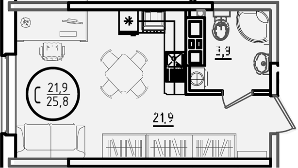 Планировка — Первое место, Студия, 26 м²