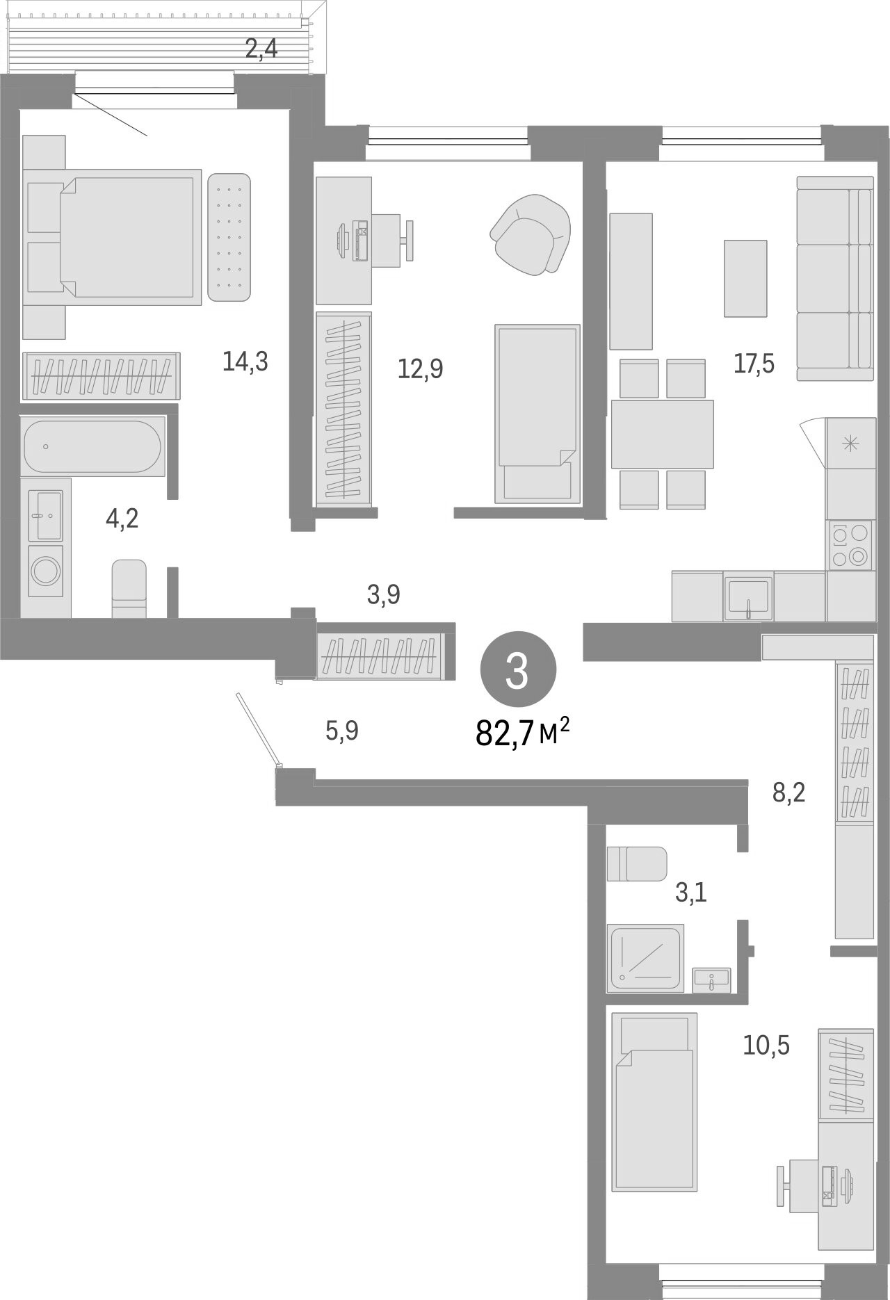 Планировка — Европейский берег, 3-комн., 80 м²