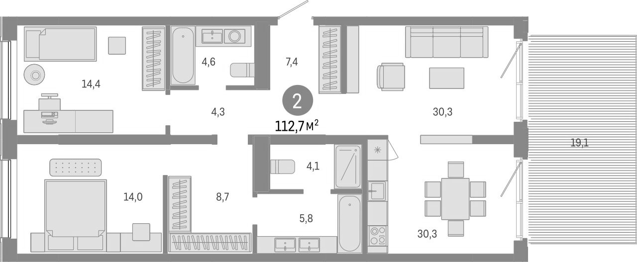 Планировка — Европейский берег, 2-комн., 94 м²