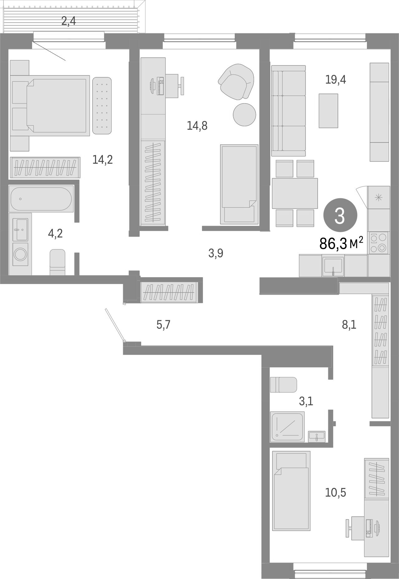 Планировка — Европейский берег, 3-комн., 84 м²