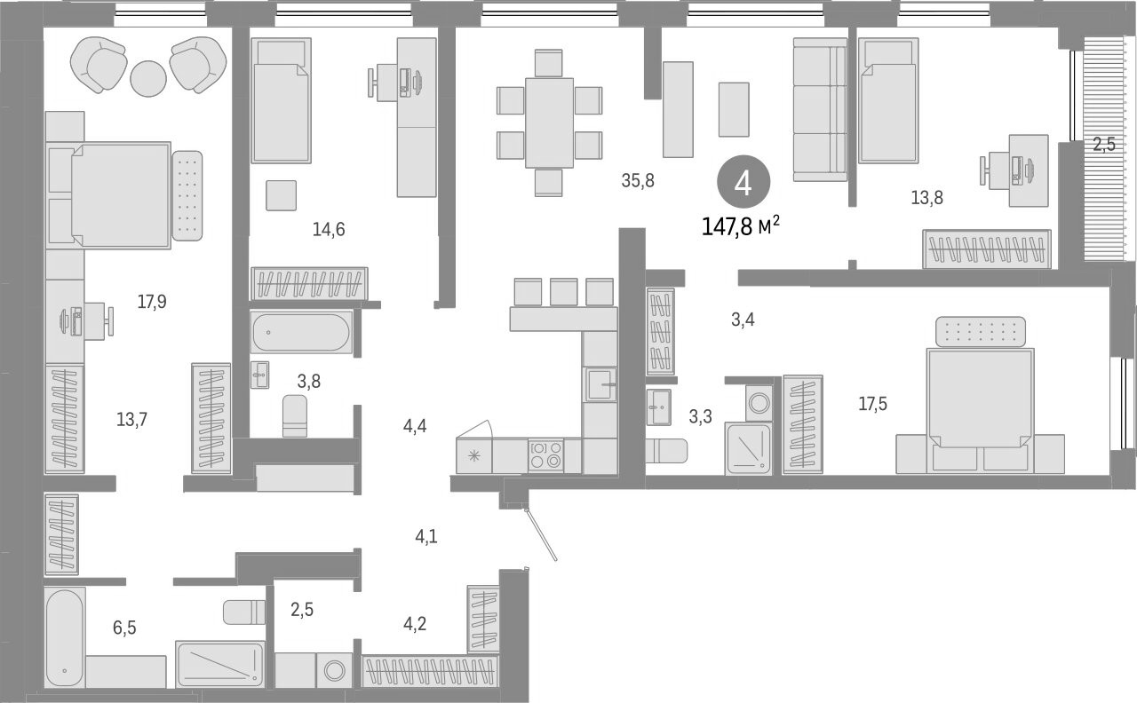 Планировка — Европейский берег, 4-комн., 145 м²