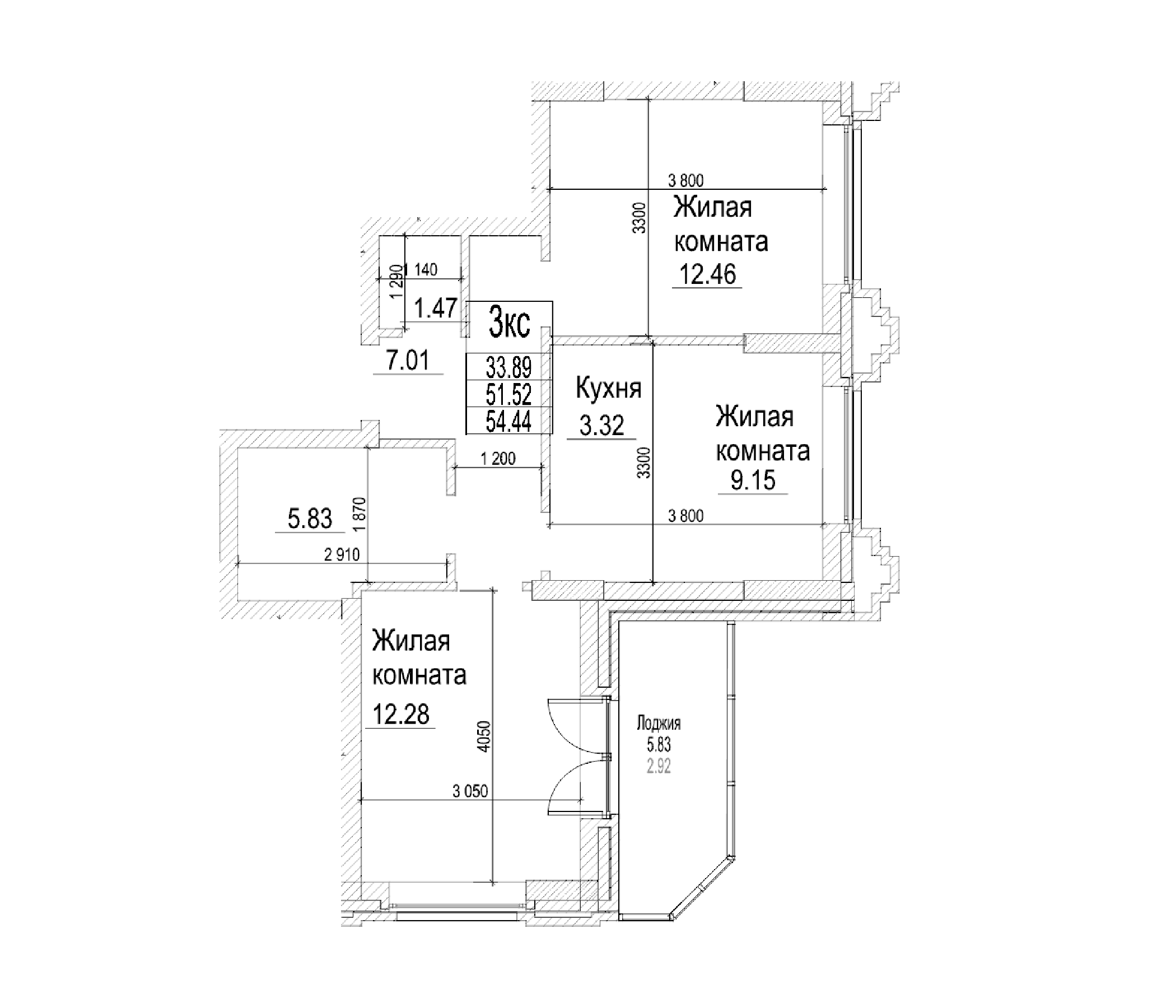 Планировка — Чернышевский, 3-комн., 52 м²