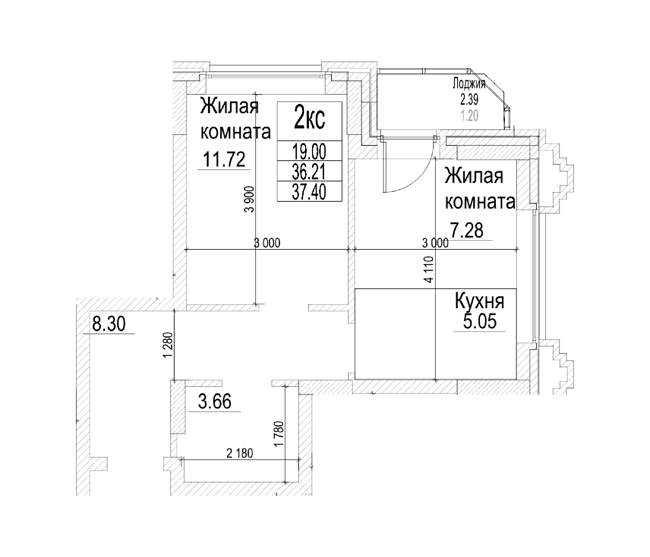 Планировка — Чернышевский, 2-комн., 36 м²