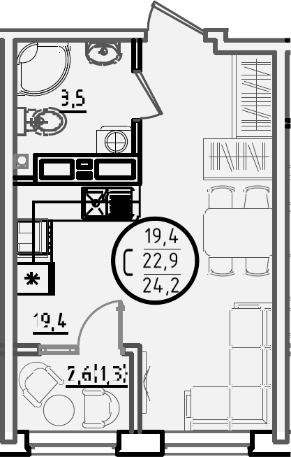 Планировка — Первое место, Студия, 23 м²