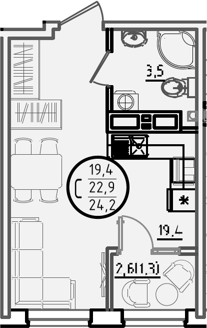 Планировка — Первое место, Студия, 23 м²