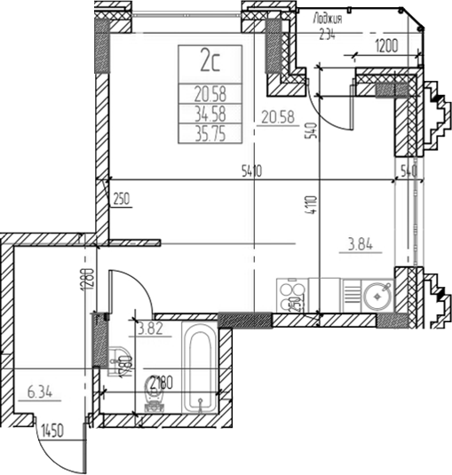 Планировка — Чернышевский, Студия, 35 м²