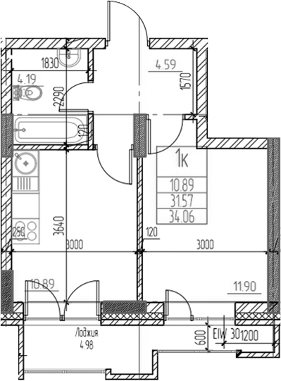 Планировка — Чернышевский, 1-комн., 32 м²