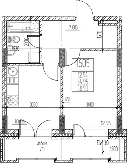 Планировка — Чернышевский, 1-комн., 35 м²