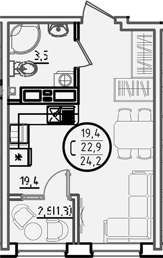 Планировка — Первое место, Студия, 23 м²