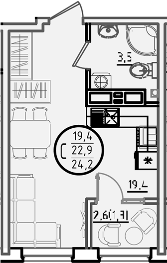 Планировка — Первое место, Студия, 23 м²