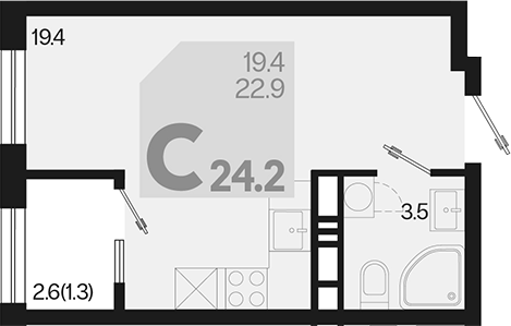 Планировка — Первое место, Студия, 23 м²