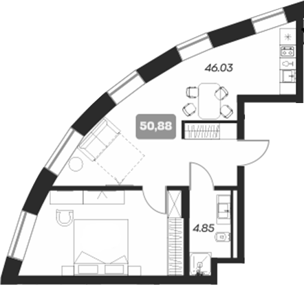 Планировка — Аэрон, 1-комн., 51 м²