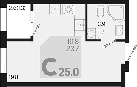 Планировка — Первое место, Студия, 24 м²
