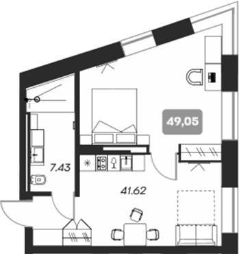 Планировка — Аэрон, 1-комн., 49 м²