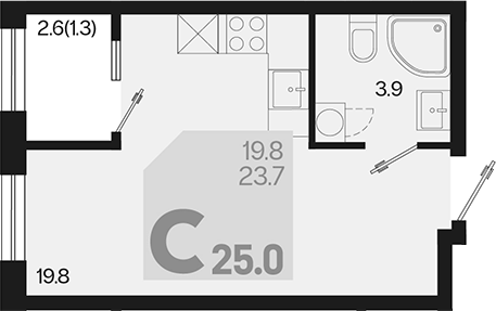Планировка — Первое место, Студия, 24 м²