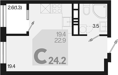 Планировка — Первое место, Студия, 23 м²